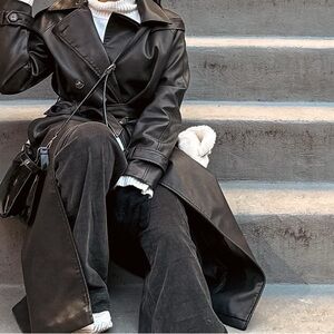 Princess Polly faux leather trench coat - washed black